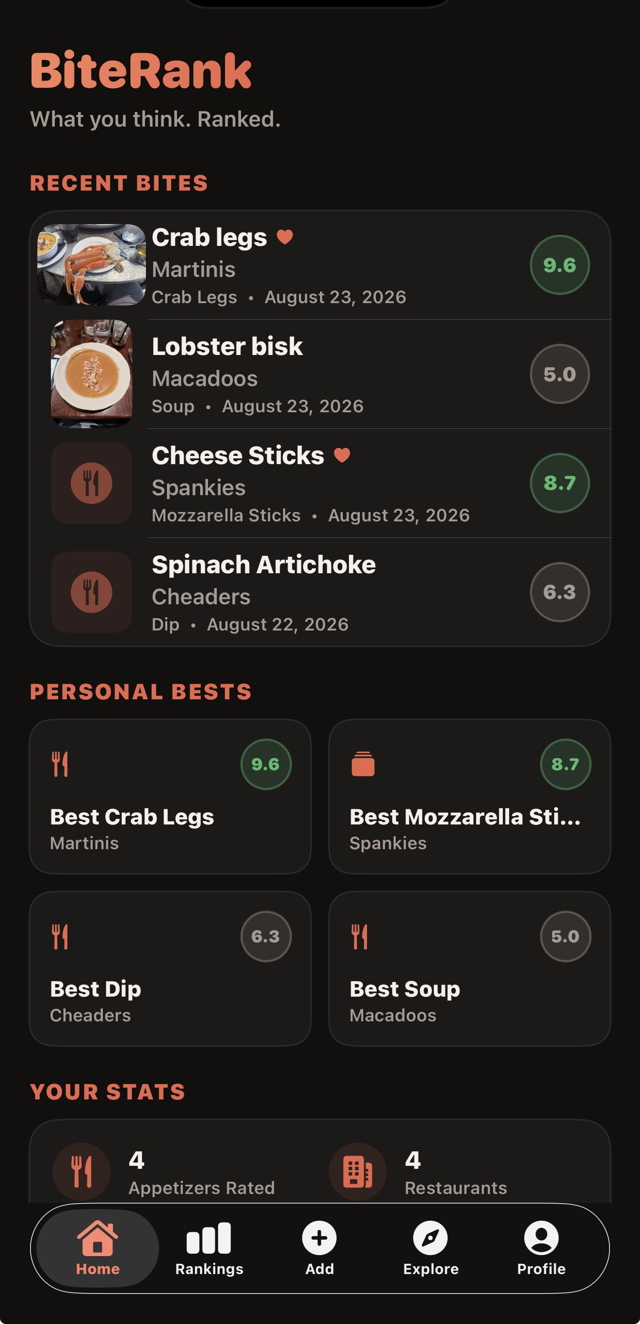 BiteRank home screen showing recent bites, personal bests, and food stats