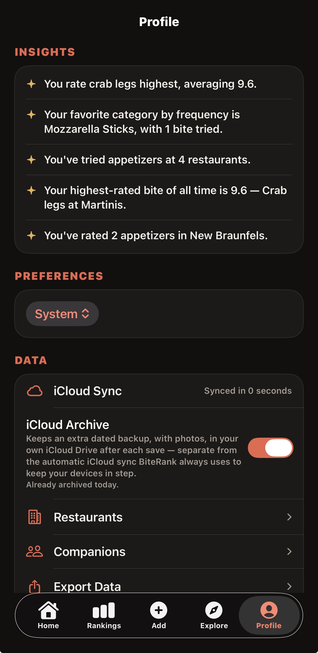 BiteRank insights and iCloud data settings