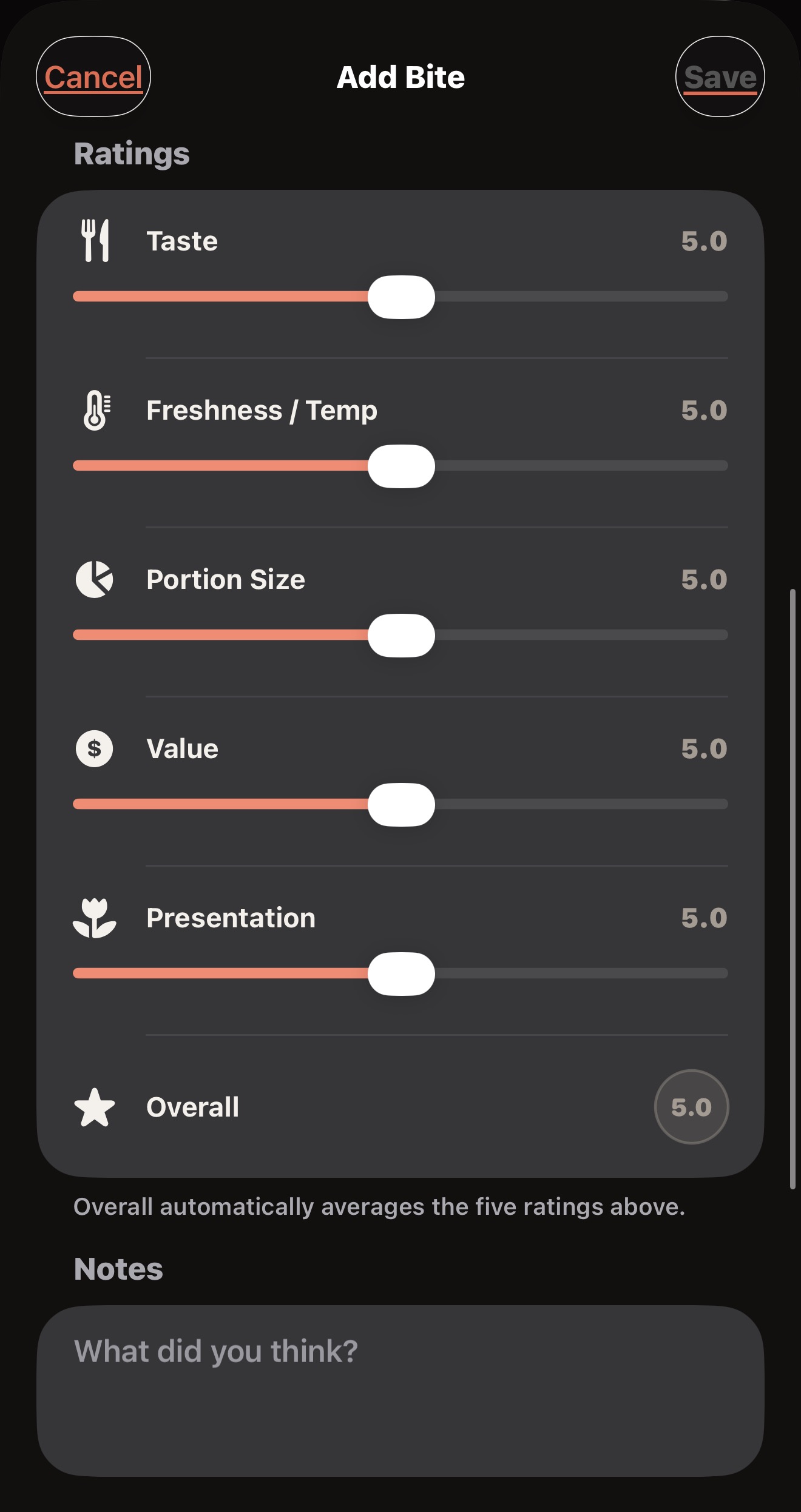 BiteRank detailed rating controls
