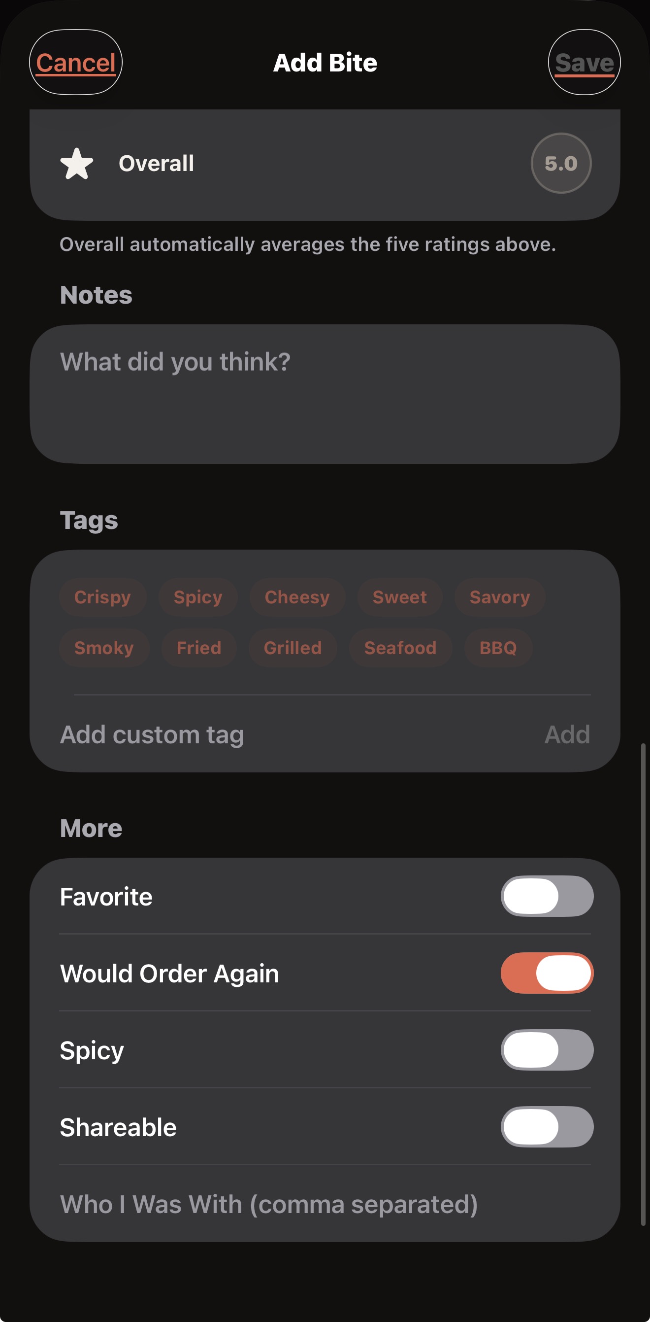 BiteRank notes, tags, and preference controls