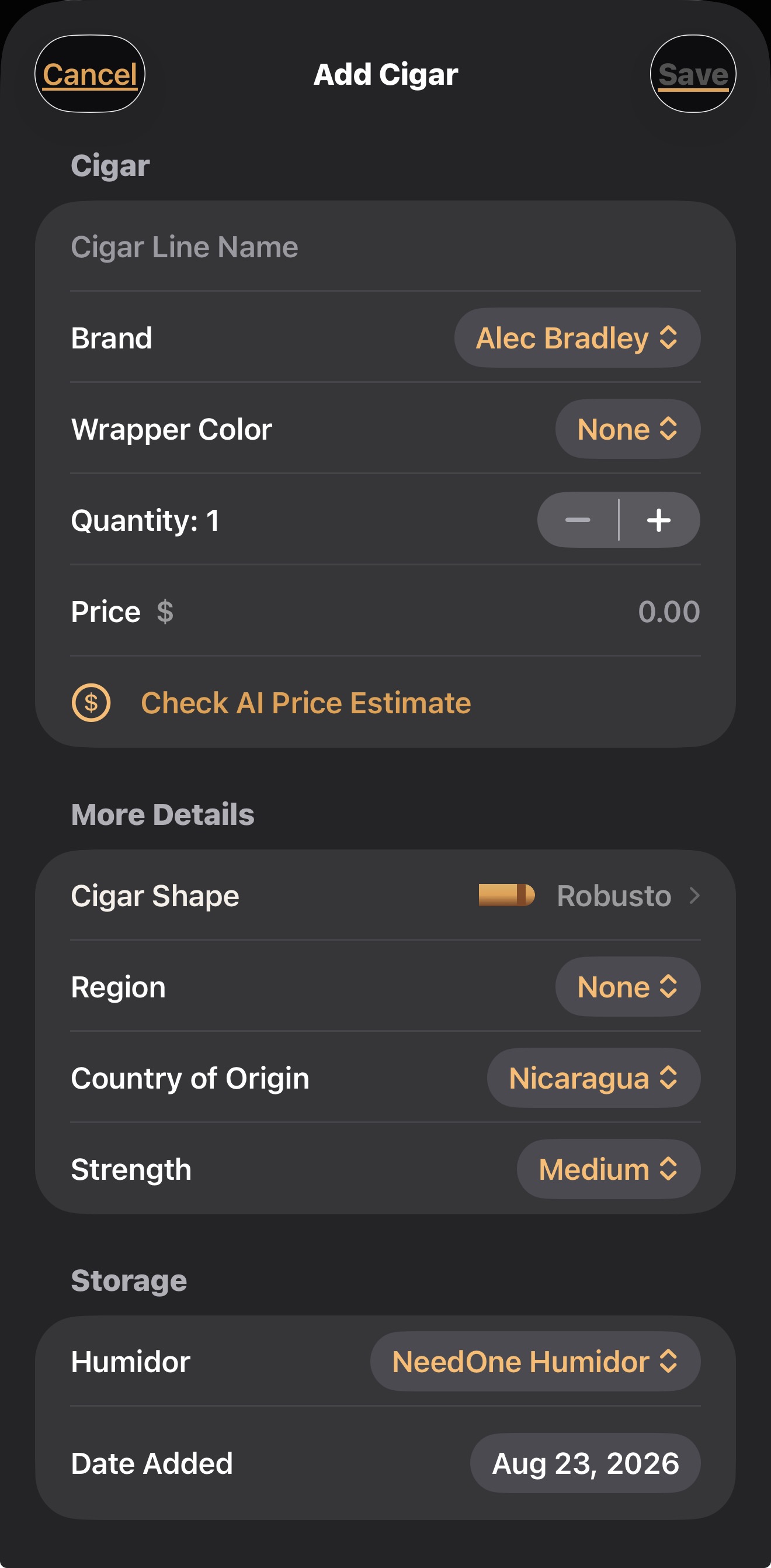 CigarManager add cigar form