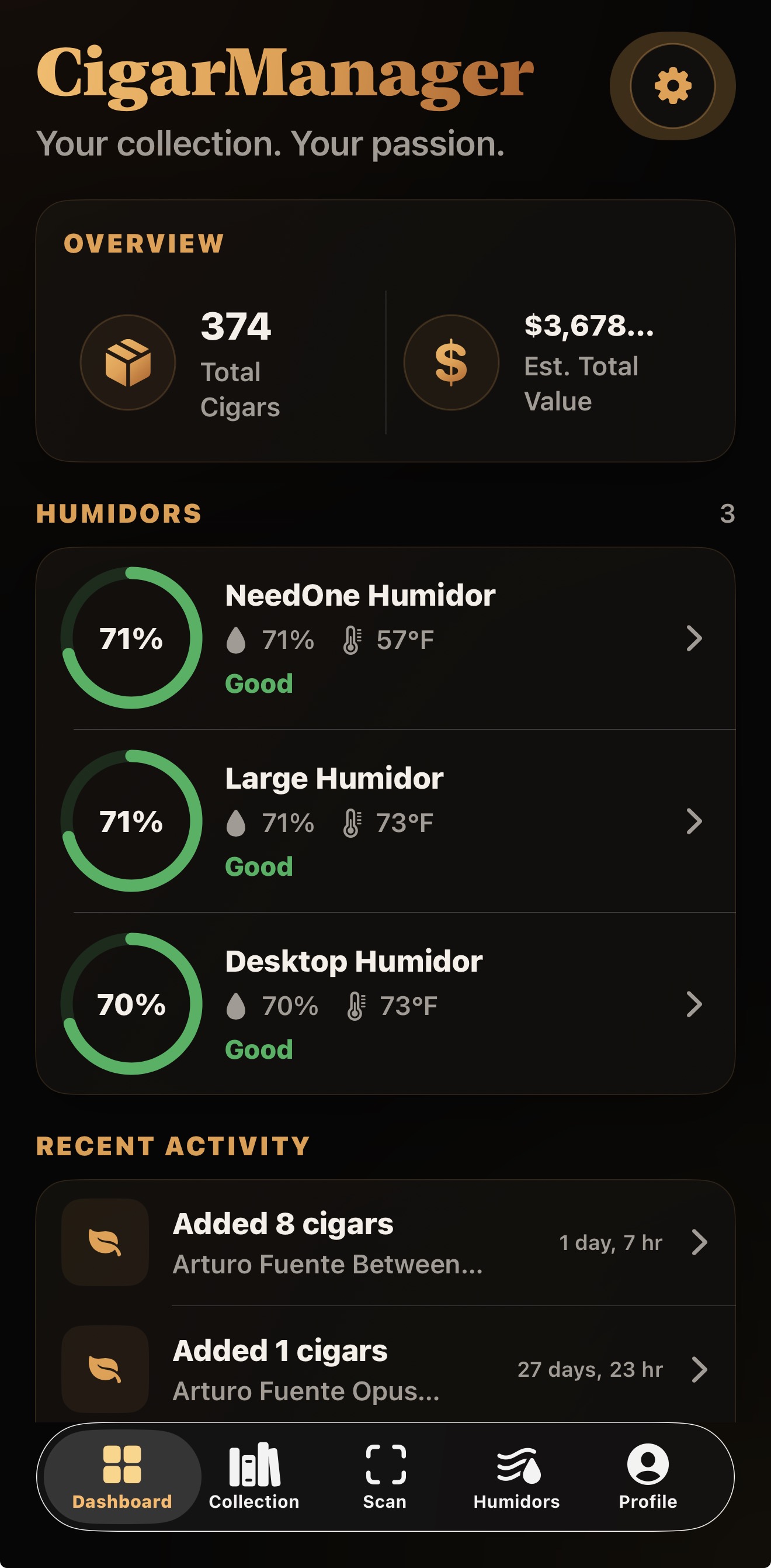 CigarManager dashboard showing collection value, humidor conditions, and recent activity
