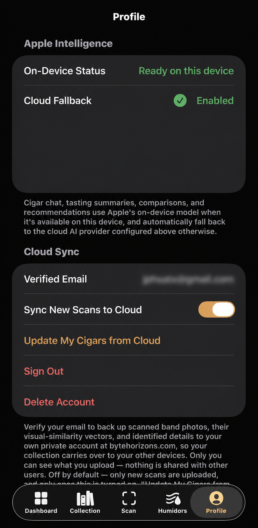 CigarManager Apple Intelligence and cloud sync settings