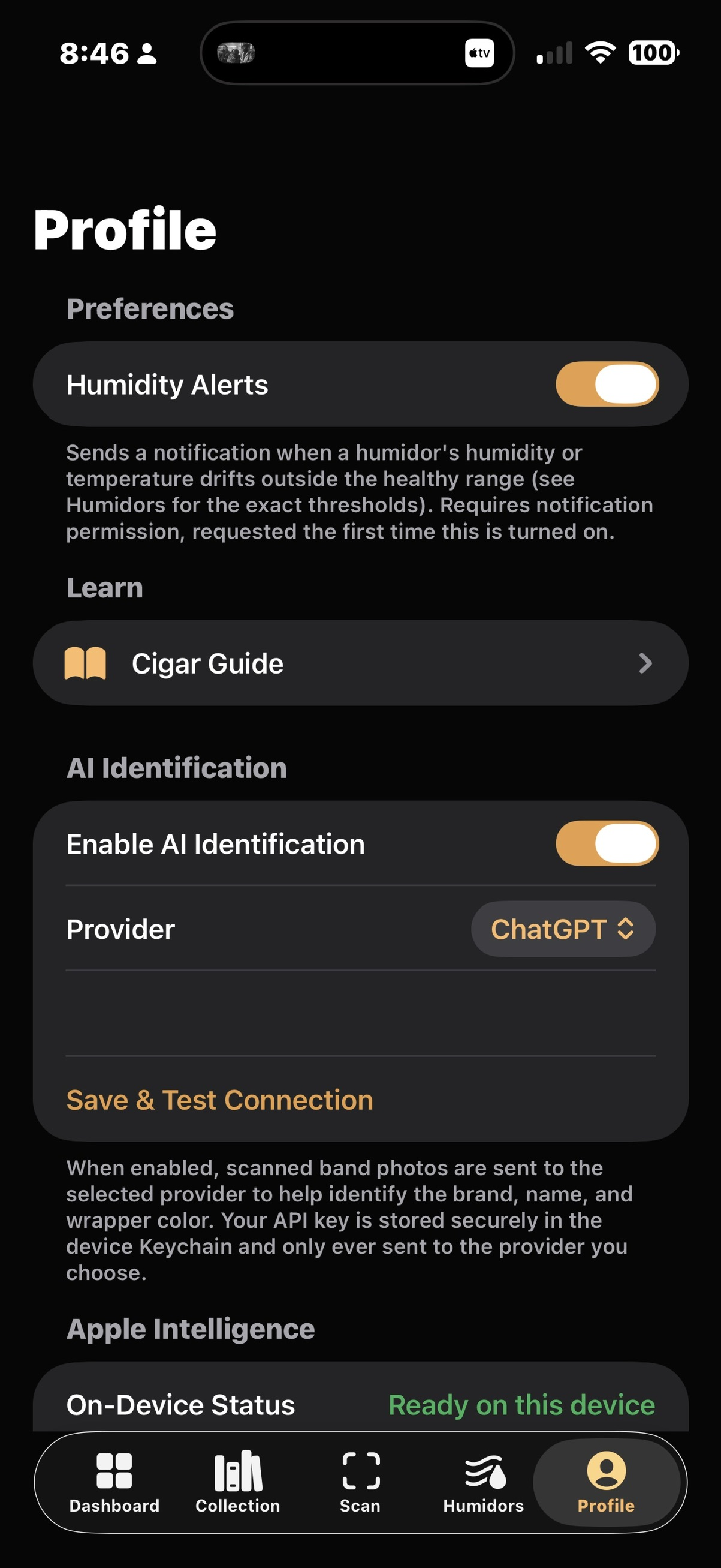 CigarManager profile and AI settings