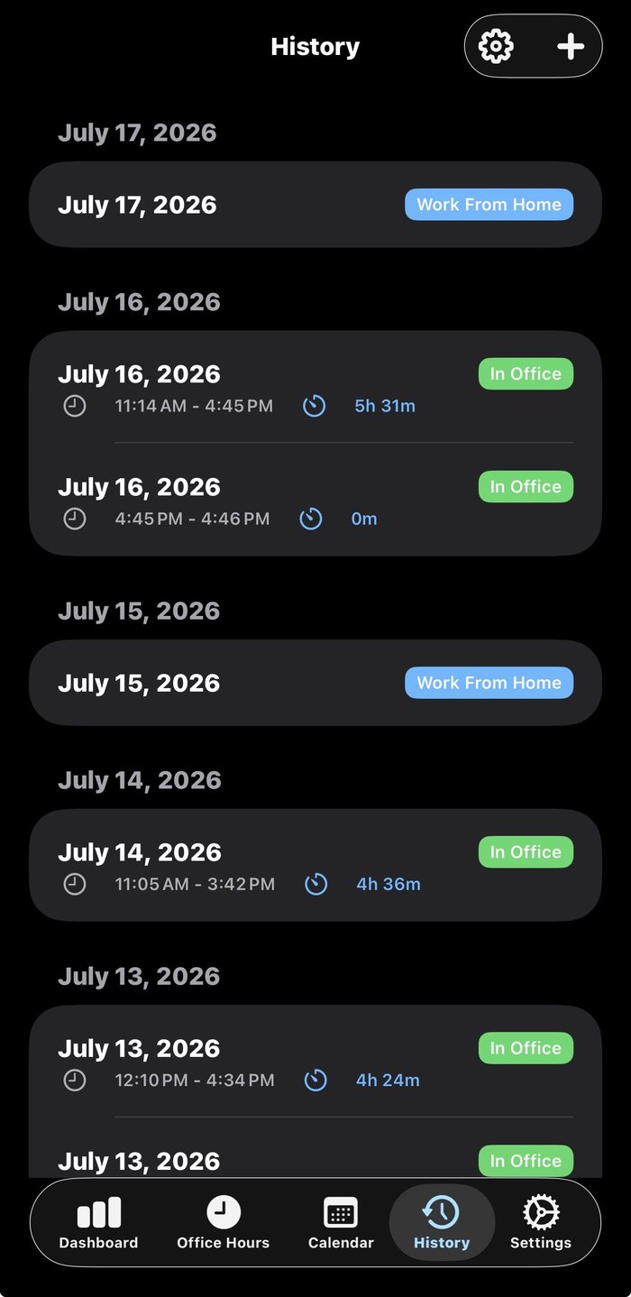 WorkTrack history screen