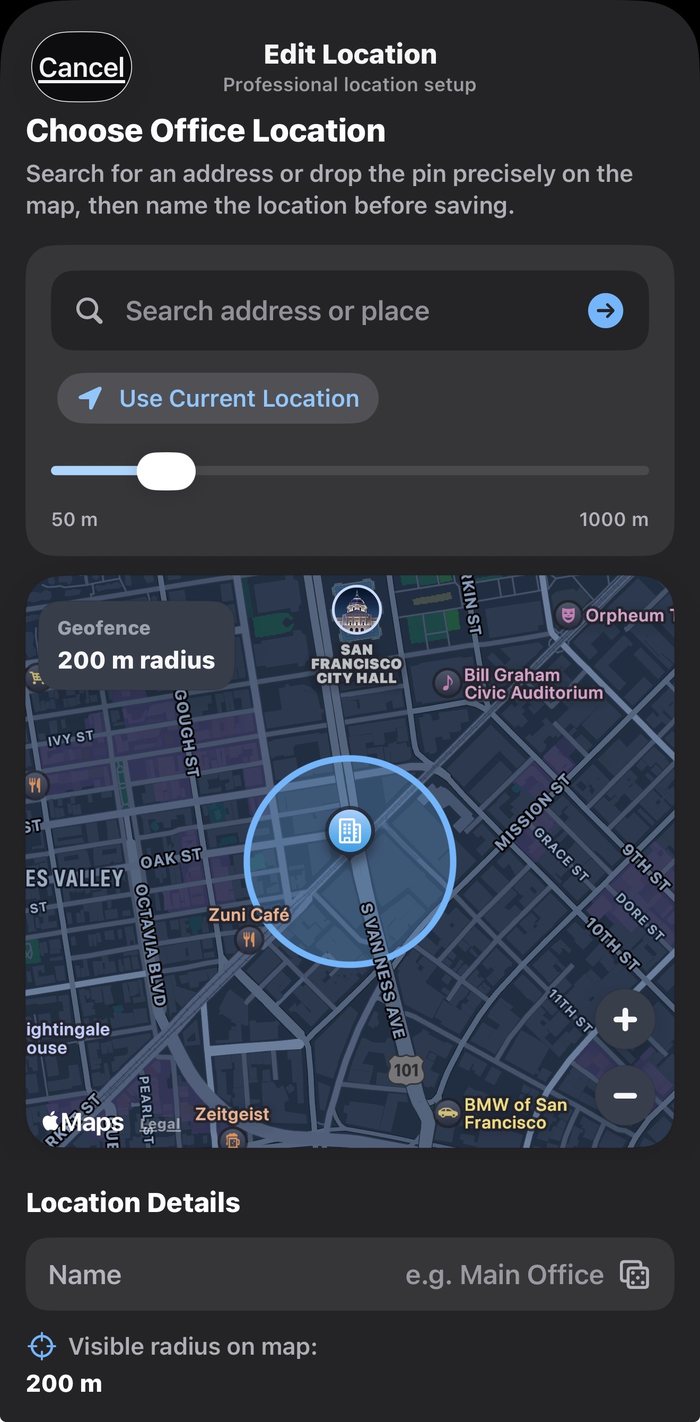 WorkTrack office location map and geofence setup