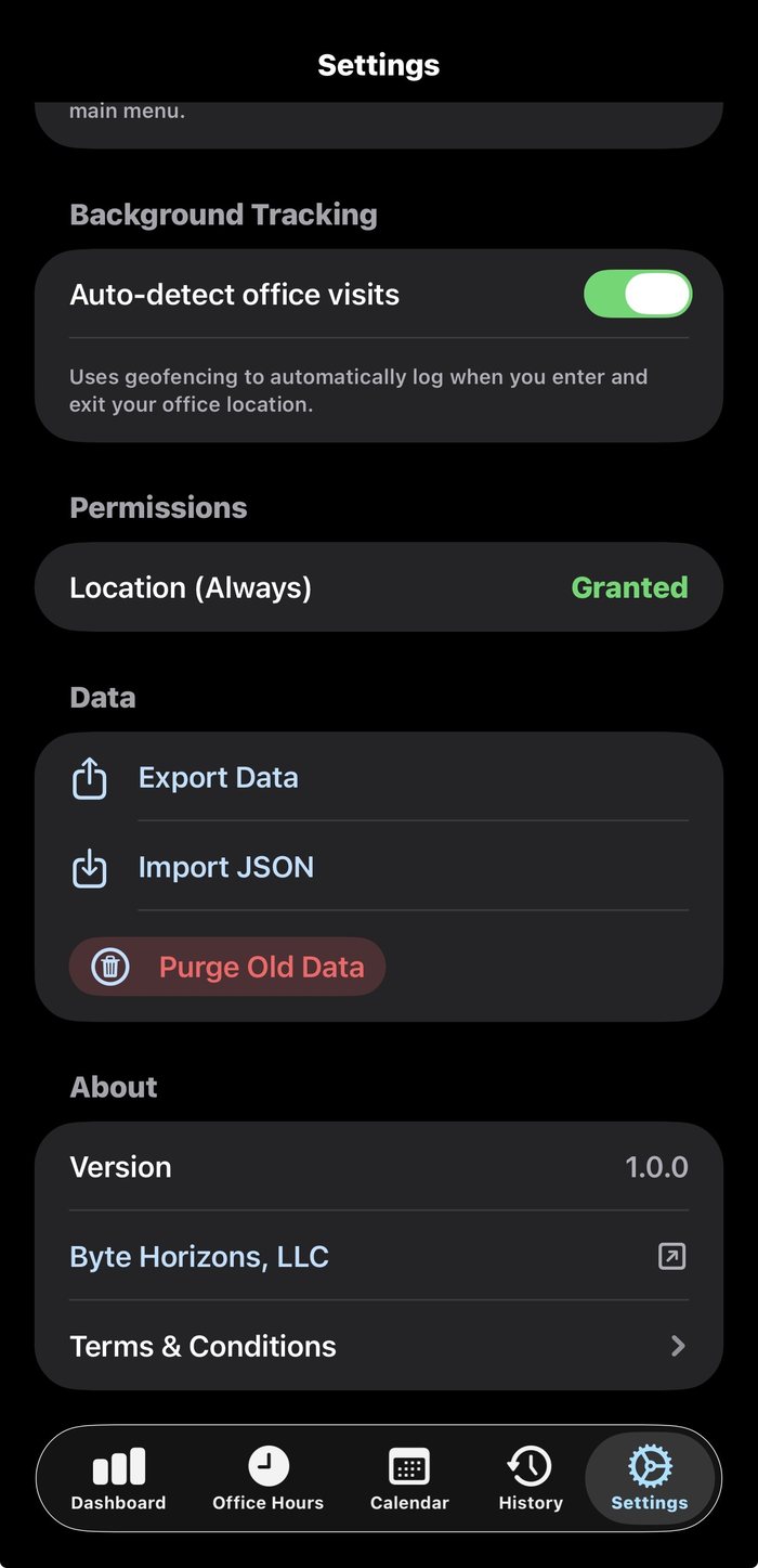 WorkTrack data export, import, and privacy settings