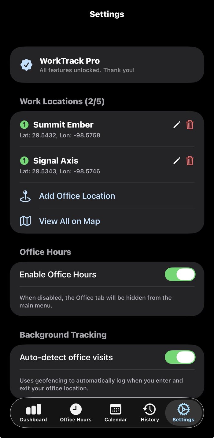 WorkTrack settings showing saved office locations