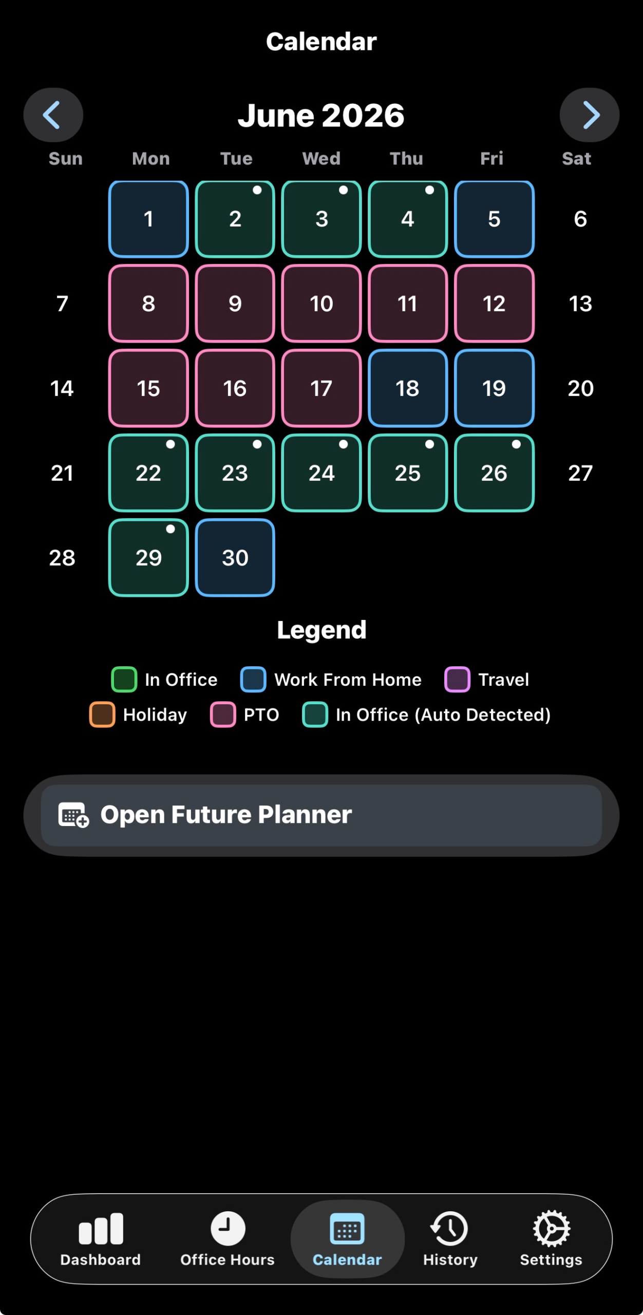 WorkTrack calendar displaying office, remote, PTO, travel, and holiday days